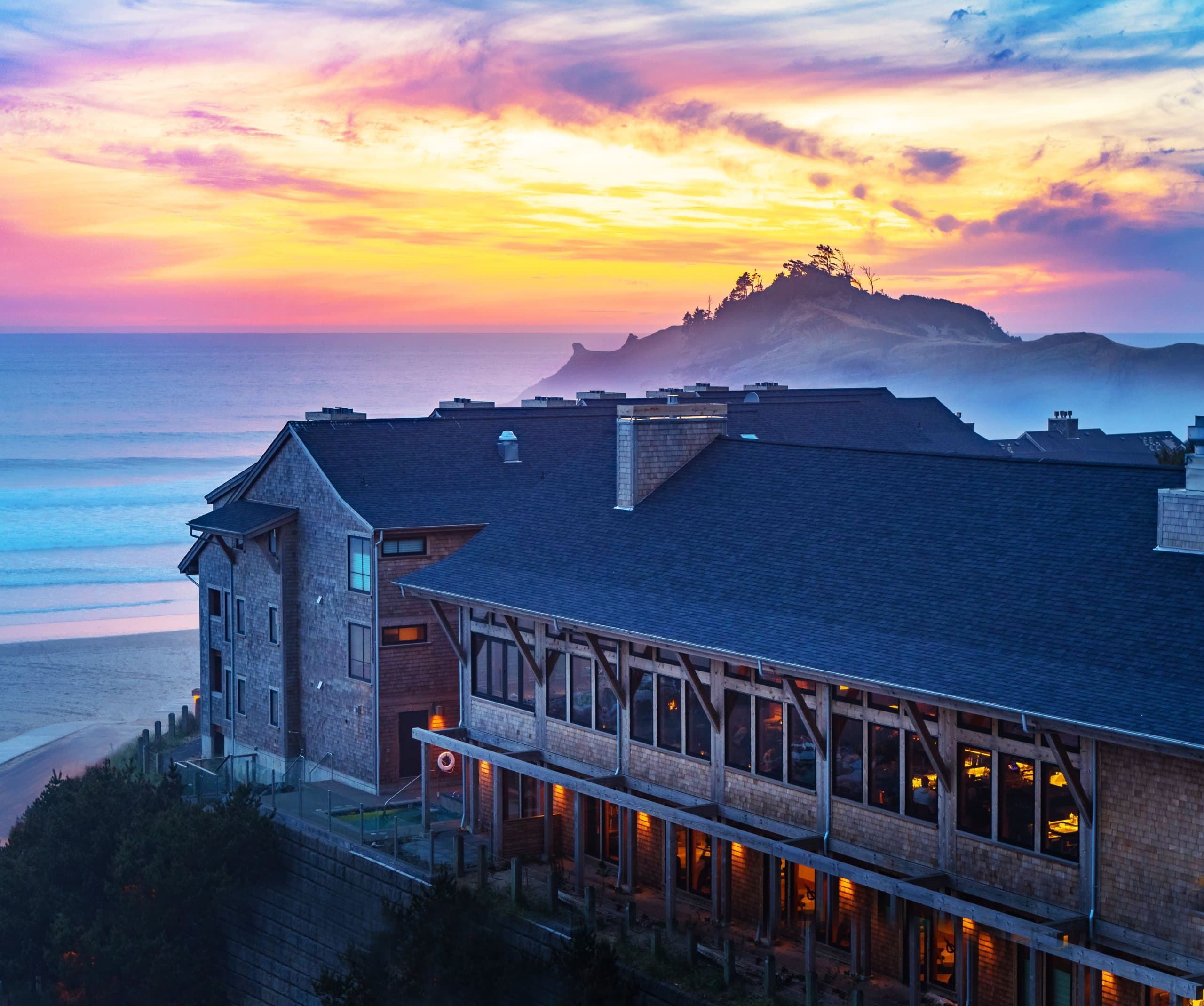 Oceanfront Headlands Coastal Lodge & Spa accommodations on the Oregon Coast at sunset